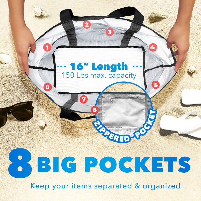 Dejaroo - Sand Free Mesh Bag - Strong Lightweight Tote For Beach & Vacation Essentials. Tons of Storage with 8 Pockets, Foldable, 17x9x15 inches, White with Black Straps - Image 3
